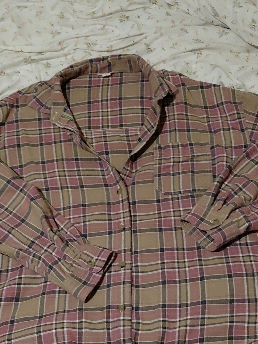 Aeropostale Women's Tan and Pink Plaid Button-Down Shirt